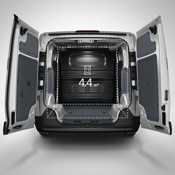 Ansicht des Laderaums des Kia PV5 Cargo von hinten mit einem Ladevolumen von 4,4 m³