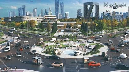 Konzeptbild einer zukünftigen Smart City einschliesslich des Kia PBV Ökosystems mit Robotaxis, erweiterter Luftmobilität (Advanced Air Mobility, AAM) und Energie-Infrastruktur