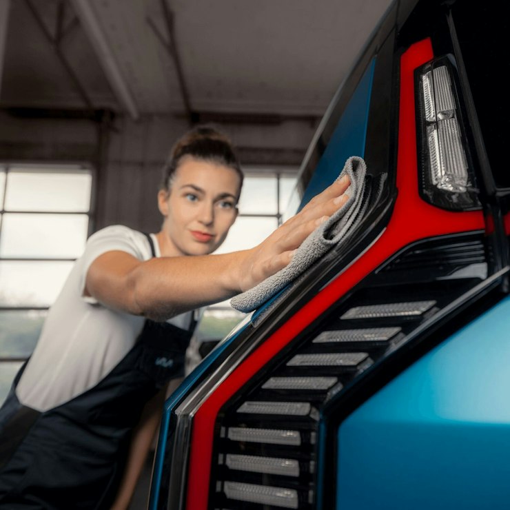 Eine Frau putzt den Kia EV9