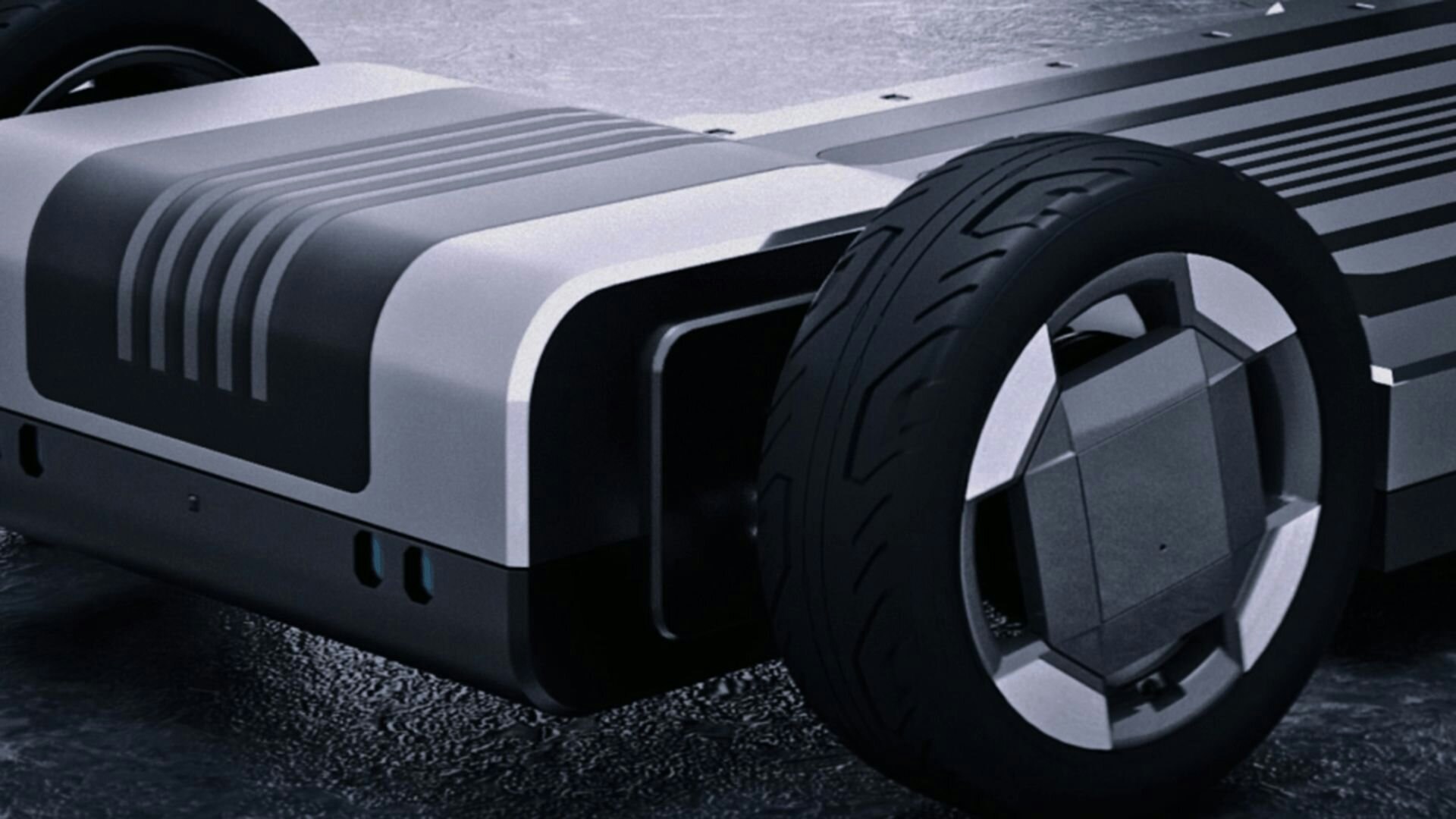 Elektrofahrzeug-Plattform des Kia&nbsp;PV5 mit Fahrwerk und Rädern.