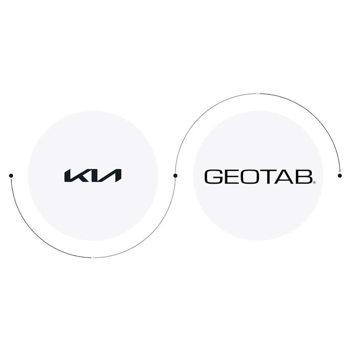Grafische Darstellung der Partnerschaft von Kia mit Geotab zur Darstellung des datengesteuerten Flottenmanagements und der verbundenen Dienste